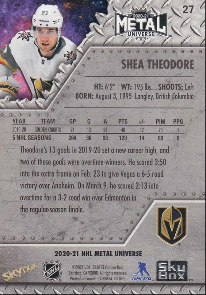 2020-21 Skybox Metal Universe Hockey Shea Theodore Vegas Golden Knights #27 - Image 2 of 2