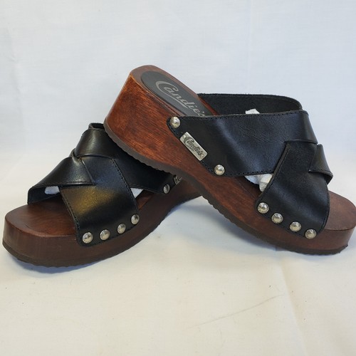 Vintage Candies Sandals Shoe Sz 8? Wood Platform Studded Wooden Black Leather - Picture 5 of 17