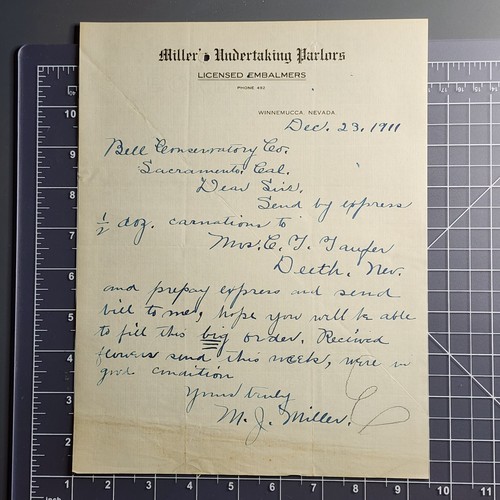 1911 Winnemucca NV Miller's Undertaking Parlors Embalmers Letterhead Florist - Picture 2 of 2