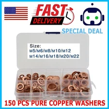 150X Copper Crush Washer Gasket Set Flat Ring Seal Assortment Kit For M5-M20 Kit