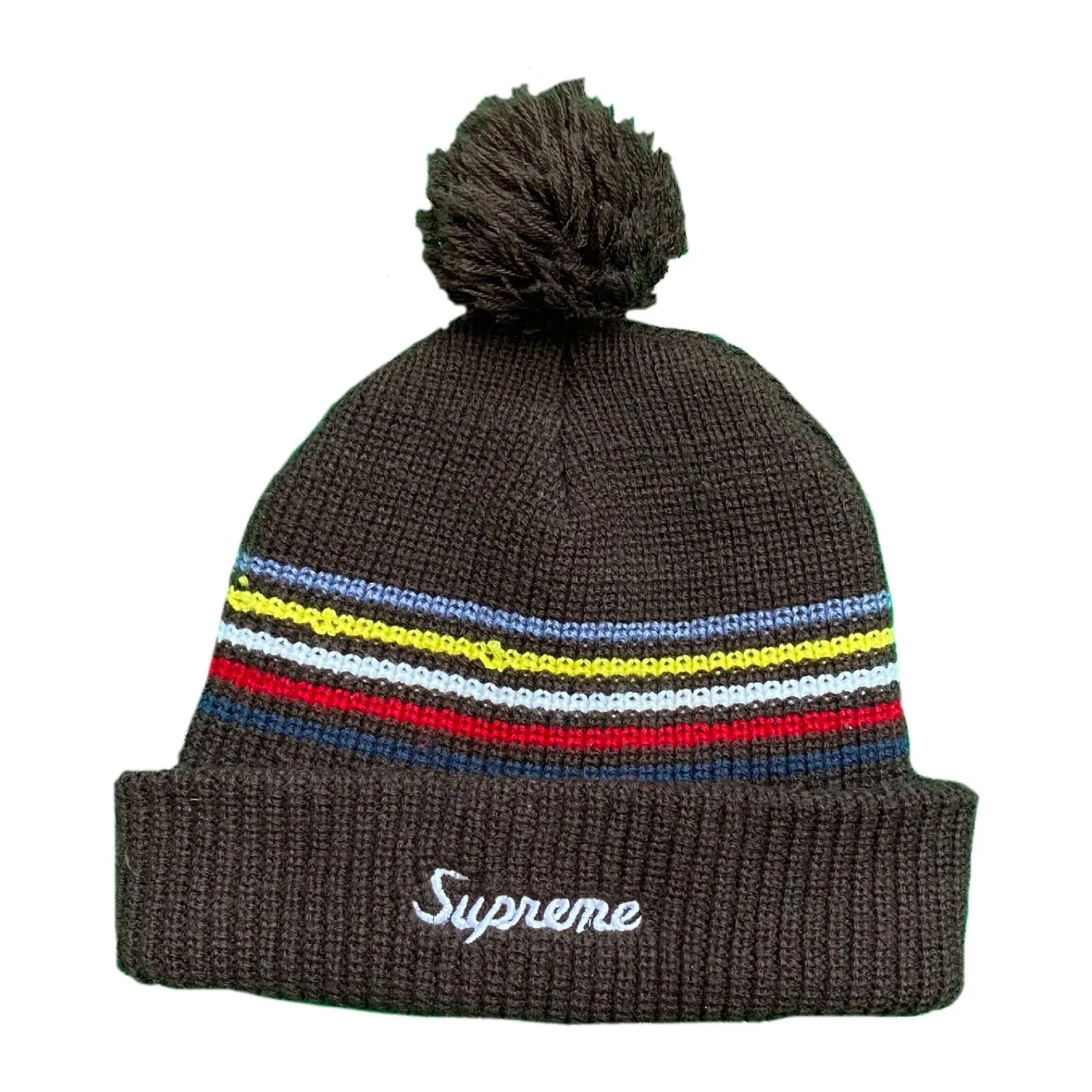 Rare bonnet vintage FW12 Supreme 4 bandes jauge lâche pom pom bobble marron New York
