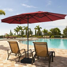 15 ft Double-Sided Patio Twin Umbrella Extra-Large Market Umbrella w/ Base Wine