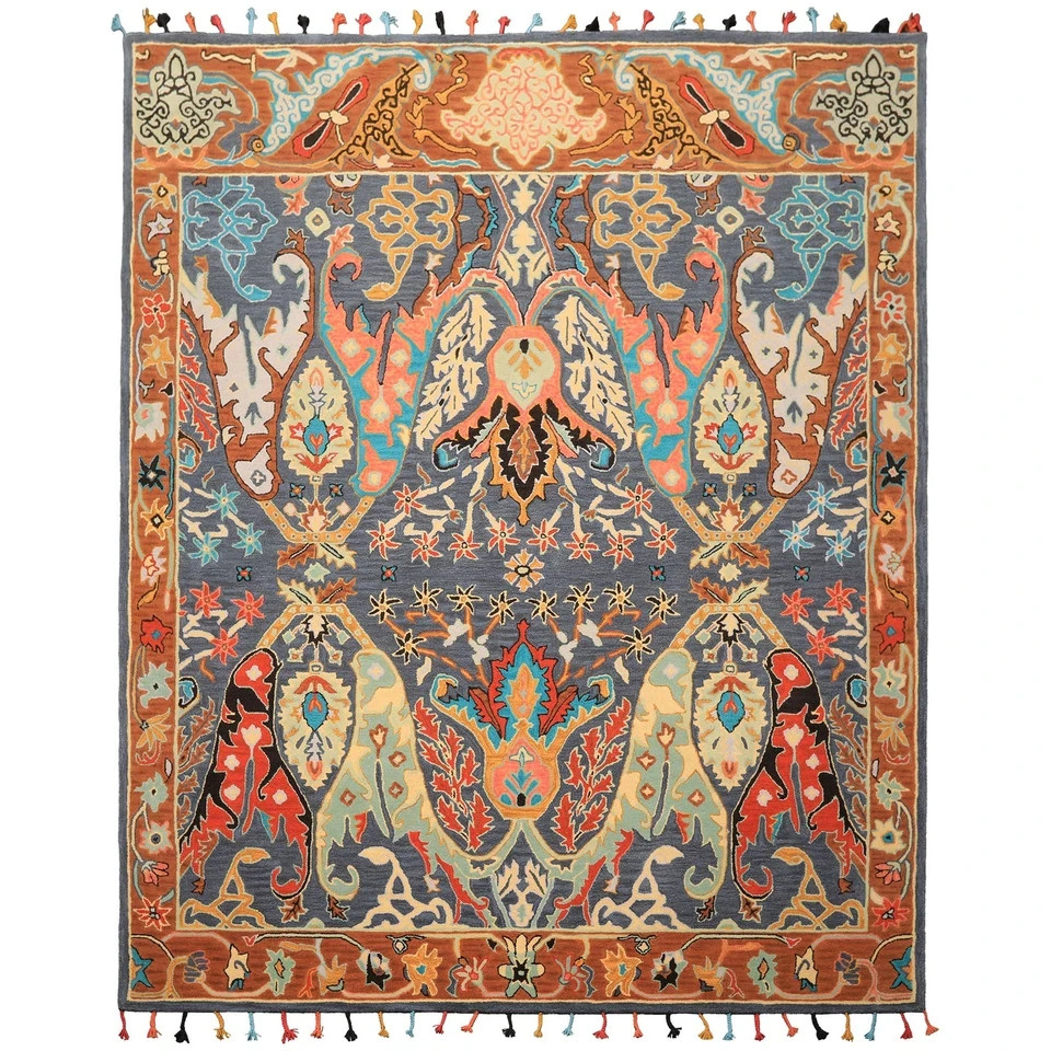 Multi Size Hand Tufted 100% Wool Blue, Caramel Boho Arts & Crafts Plush Pile Rug