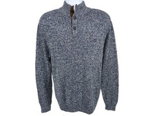 Chaps Mens L Blue Marled Knit Sweater Mock Neck Button Pullover Elbow Patch
