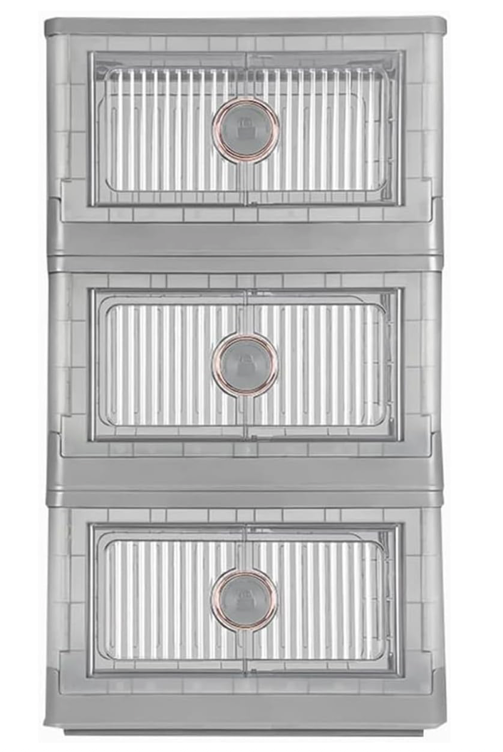 Storage Bins, Stackable Plastic Foldable Box with Rotary Locking Doors - NEW-image