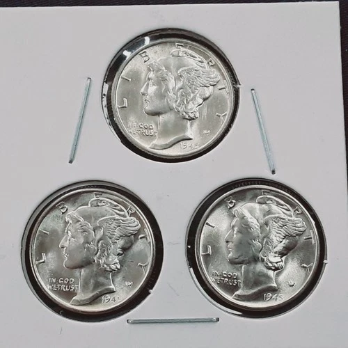 1945  3 GEM BU Silver Mercury Dime set!   1945 P 1945 S 1945 Micro S  A112