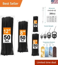 Zip Ties Assorted Sizes 4+6+8+12 Inch, 200 Pack, Black Cable Ties, UV Resistant