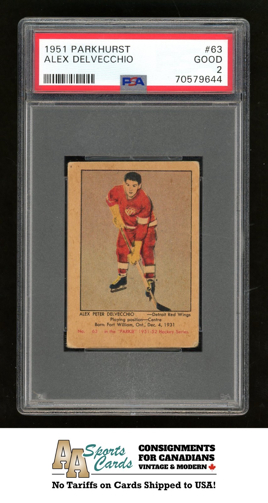 1951-52 PARKHURST HOCKEY ALEX DELVECCHIO ROOKIE RC #63 PSA 2 (GD) EYE APPEAL!