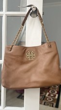 Tory Burch Brown Pebbled Leather Shoulder Bag Gold Chain Zip Logo Accent