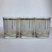 Vintage Culver Servemates Low Ball Glasses Frosted Gold Stripe Line Set Of 3 MCM