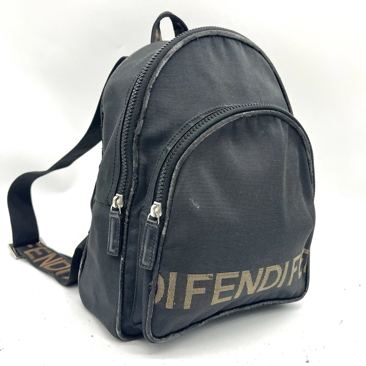 FENDI Backpack Nylon Black Silver Auth 126725 Fendi Black Nylon and Leather Monster Eyes Backpack Fendi  main image 2