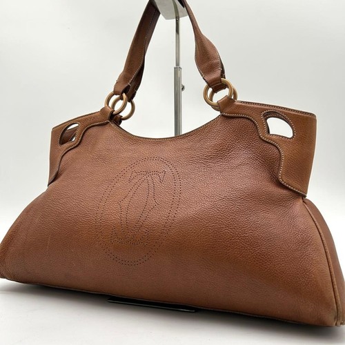 Cartier Marcello Handbag Leather Perforated Logo Brown Women Used Authentic