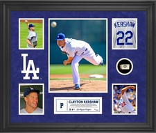 Clayton Kershaw Dodgers Framed 5-Photo Collage w/Piece of GU Ball