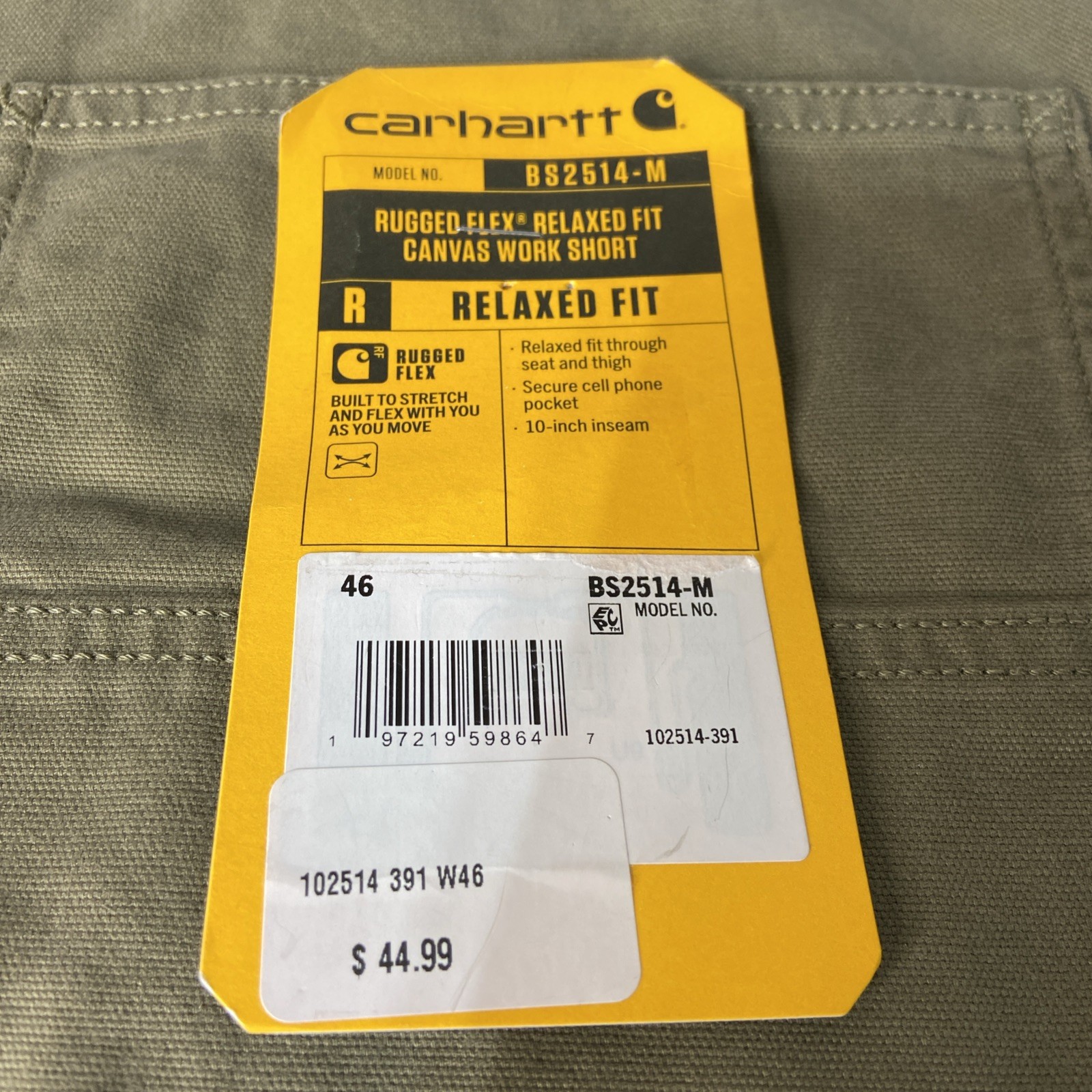 Carhartt BS2514-M Rugged Flex Relaxed Fit Canvas Work Shorts Size 46 Olive NWT thumbnail 6