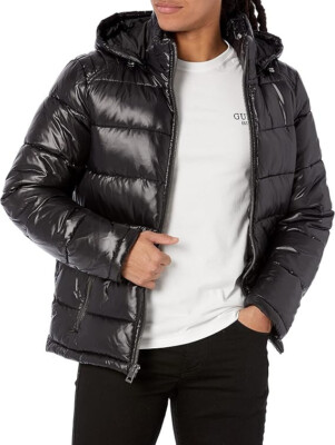 GUESS Men's Mid-weight Puffer Jacket With Removable Hood Black, Sz L