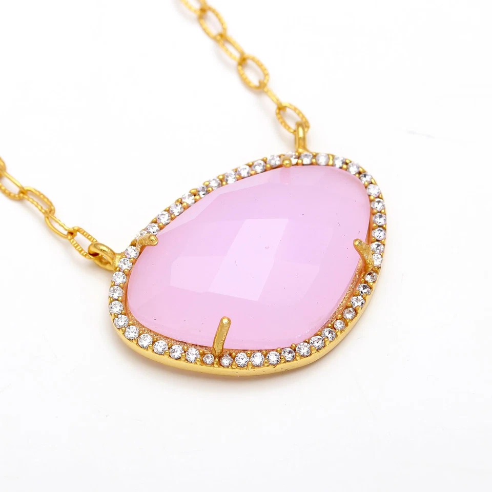 Rose Quartz CZ Cut Gemstone 925 Sterling Silver Chain Pendant Charm Necklace 18" - Image 4 of 4