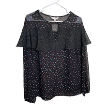 LC Lauren Conrad Blouse Women's Small Black Floral Ruffle Sheer Long Sleeve Top