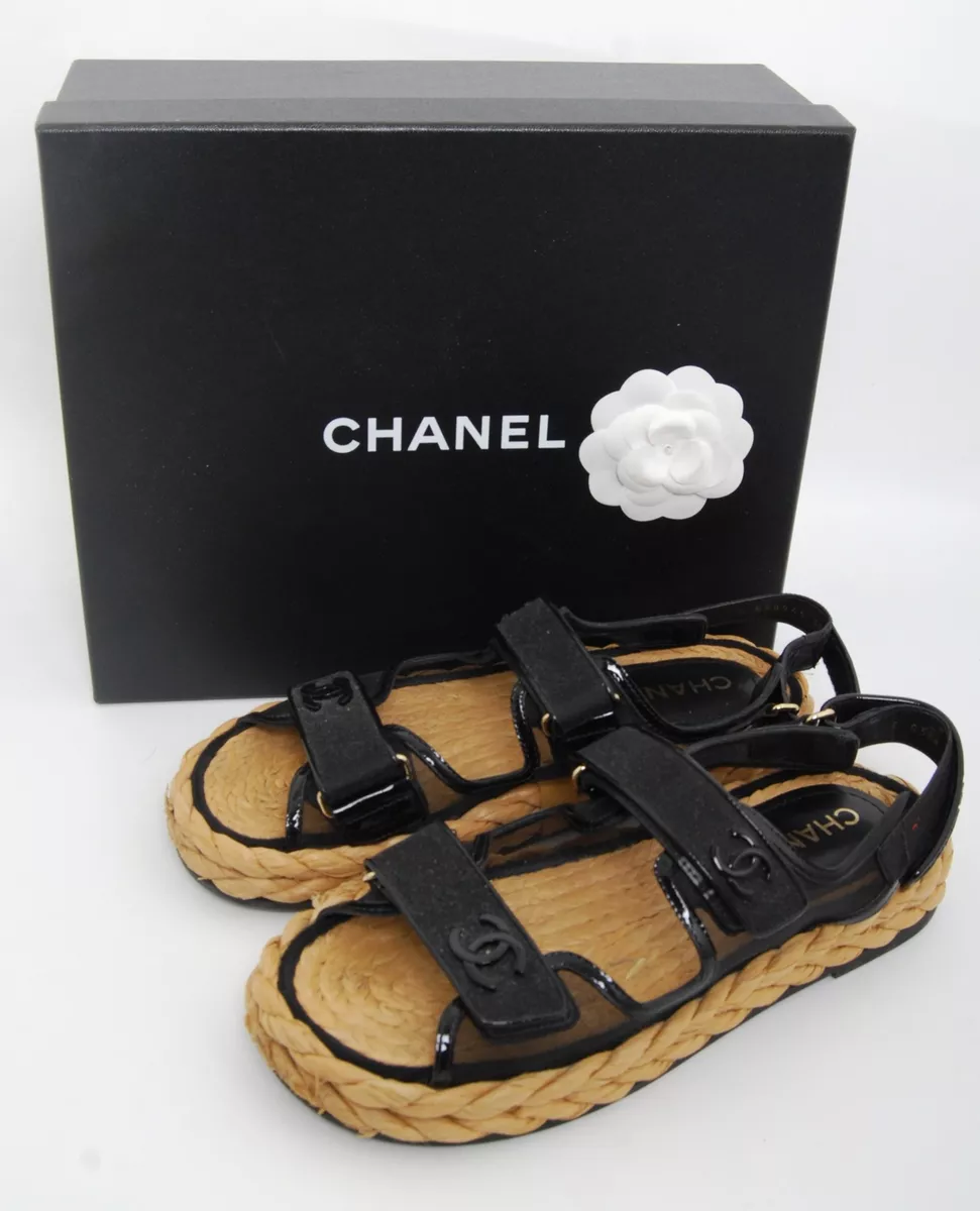 CHANEL Dad Sandals 22P Black Raffia Mesh Leather Shoes CC Logo Flats Size  EU 40