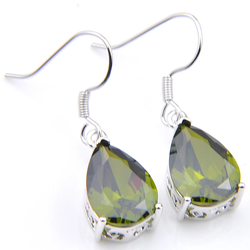 Genuine Olive Peridot Gemstone Silver Drop Hook Earrings For Woman - Image 3 of 4