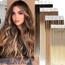 Tape In Skin Weft 100% Human 8A Remy Hair Extensions Full Head Highlight THICK