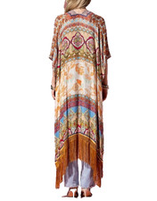 Ruggine Kimono Cairo Damask Floral Jacquard Rust Ivory Boho Long Tassel Fringe