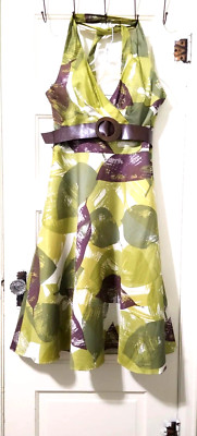 NEW PS...Style Fit & Flare Mid Halter Dress 10 Medium Celery Green Burgundy Belt