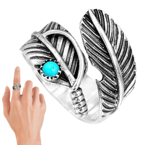 Feather Turquoise Ring Sterling Silver Thumb Boho Bohemian Adjustable Size Gifts - Picture 3 of 12