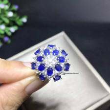 Sparkling White Cubic Zirconia With Ceylon Sapphire Cluster Beautiful Dome Ring