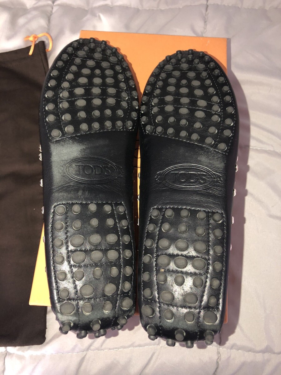 TOD'S Black Calfskin Leather Loafer embellished Flat Shoes