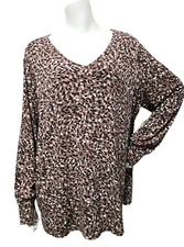 Susan Graver 1X Top Tunic Silky Knit Pullover Long Sleeves Oval Dots Earthtones