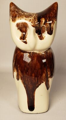 Vintage Owl Statue Figurine Drip Glazed Ceramic 6''H Brown White Bird      A57