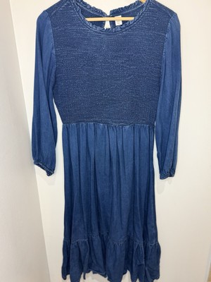 Old Navy Smocked Denim Chambray Maxi Dress MEDIUM Ruffle Western Cottagecore