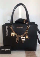 NWT KARL LAGERFELD PARIS BLACK C/B-HANDLE TOTE BAG FOUR CHARMS DET. STRAP