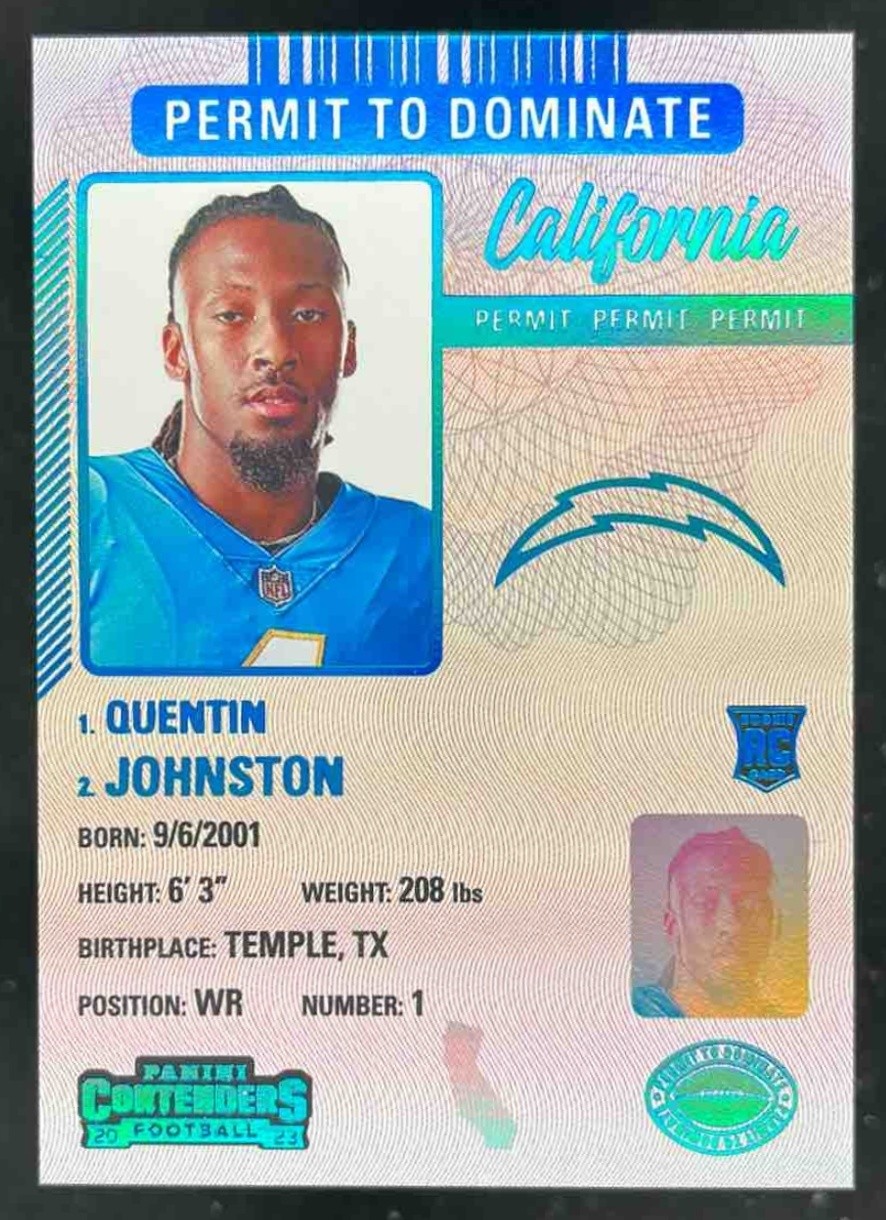2023 Panini Contenders Quentin Johnston Permit to Dominate #27 RC Chargers
