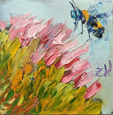 Bumblebee Painting Flower Original Art Bee Small Oil Artwork  on Cardboar 4''by4''