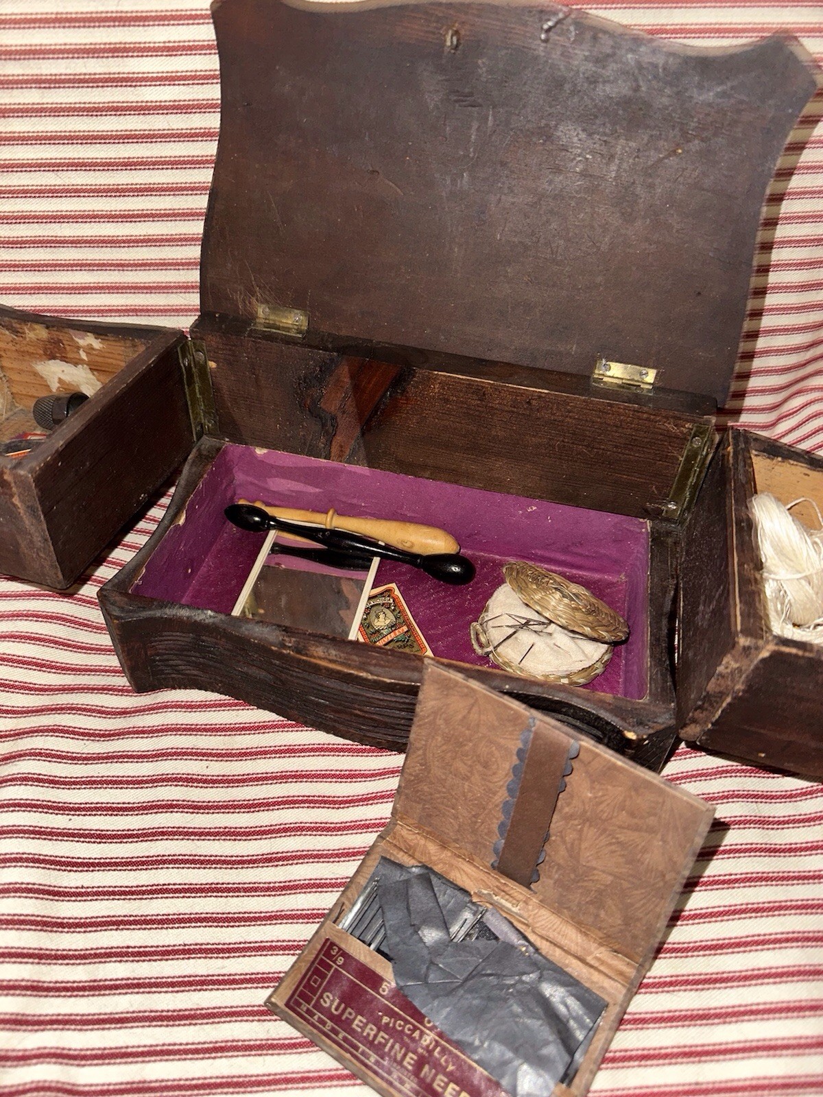 Antique Early Folk Art Carved Wood Sewing Box Ensemble 