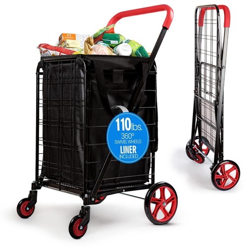 SereneLife Heavy Duty Foldable Shopping Cart w/ Removable Cart Liner (Red)