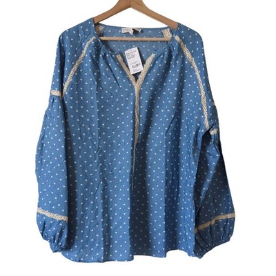 Weekend Suzanne Betro Top Womens XL Blue Heart Dot Print Chambray Shirt NWT