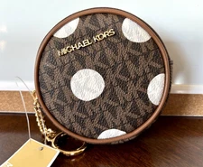 New Michael Kors Jet Set Travel Small Circle Brown Coin Pouch Key Fob Charm