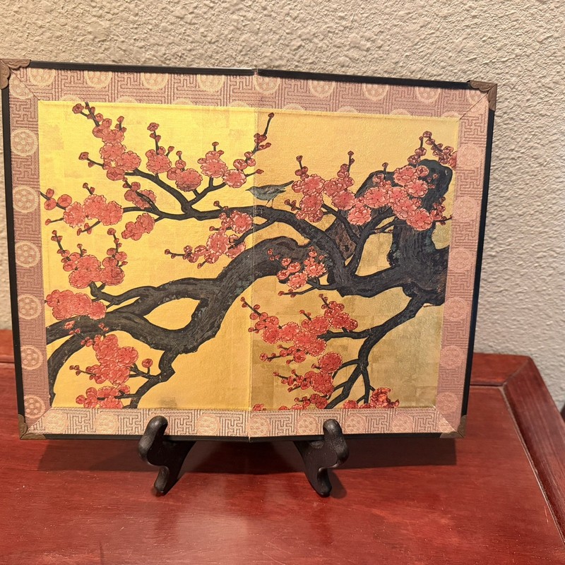 Vintage Japanese Mini Byobu Screen - Kano Sansetsu Art - Plum Blossoms & Bird