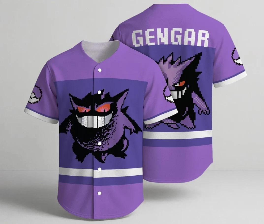 Gengar Baseball Jersey with Purple Pixel Art Graphic