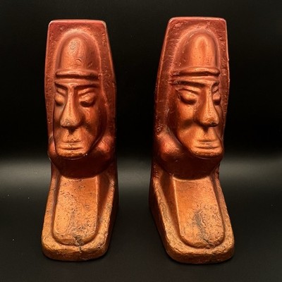 Vintage White Pine Mine Solid Copper Easter Island Head Bookends 5.5'' Tall 7lbs