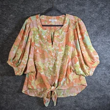 Rose and Olive Top Womens XL Orange Tropical Puff Slv Tie Front Resort Vacation