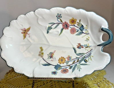 Jardin Leaf Shaped celery/candy dish by Andrea Sadek, butterflies and flowers