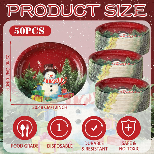 100 Pcs Christmas Snowman Plates Christmas Disposable Oval Paper Plates 10'' X 1 - Picture 2 of 6