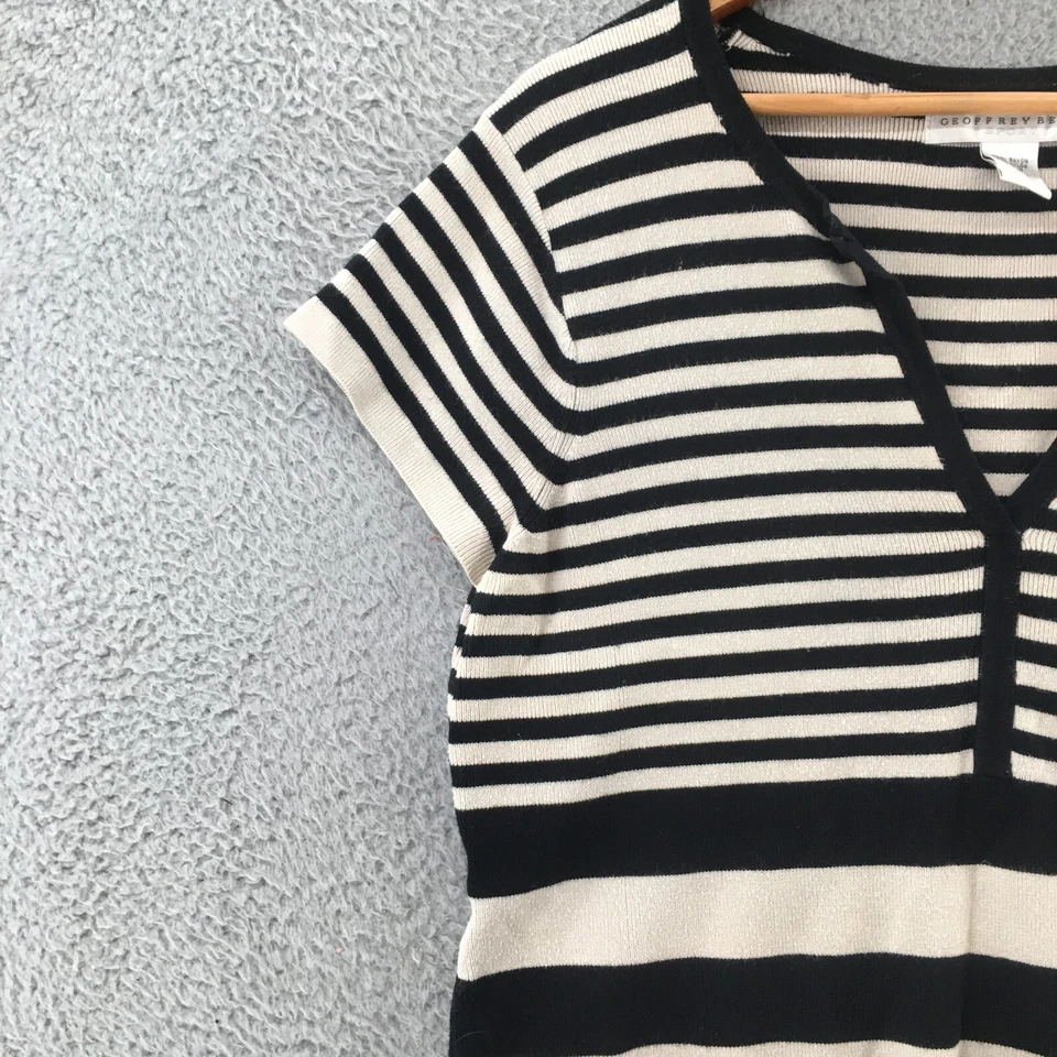 Blusa Top Geoffrey Beene Mujer XL Beige Negra Tejida Rayas Manga Corta Cuello en V Foto 3 de 4