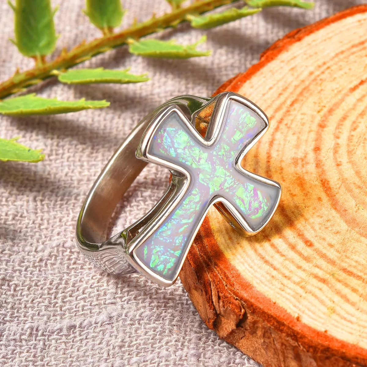 Awesome Lab Created Opal Cross Ring in Stainless Steel Size 6