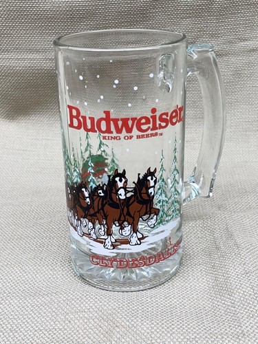 BUDWEISER Beer Clear Glass Mug Embossed CLYDESDALES WINTER Glass 5.5" x 2.5" - Picture 2 of 21