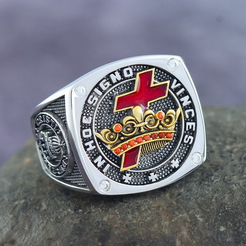 Knights Templar In Hoc Signo Vinces Crusader Masonic Sterling Silver Ring - 第 1/5 張圖片