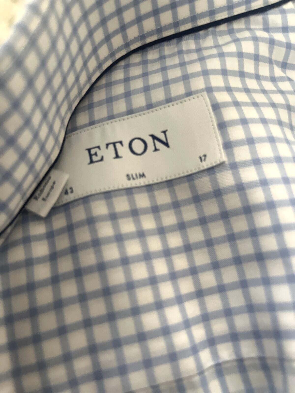 Eton Light Blue White Gingham Check Dress Shirt Button Down Slim 17 43
